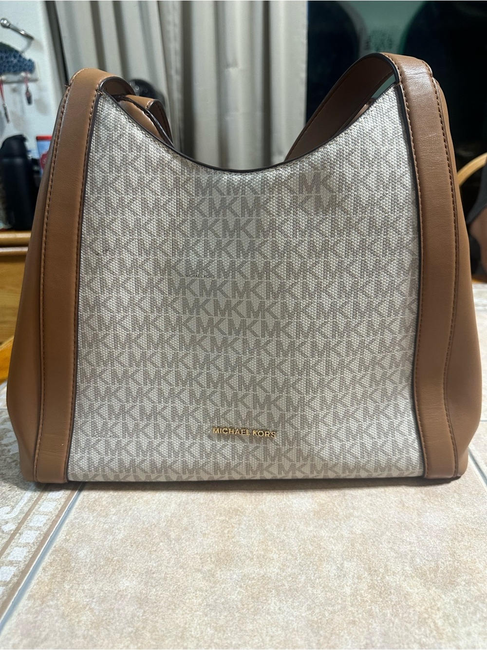 Michael Kors Beige and Tan Logo Hobo Shoulder Bag